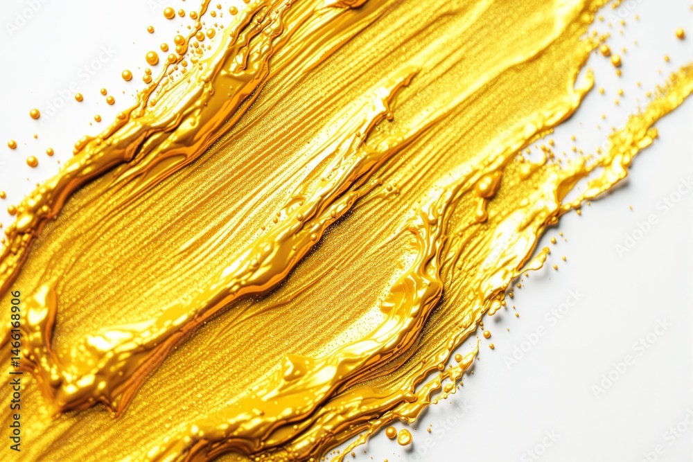 Poster abstract golden paint strokes with a glossy texture on a white background.