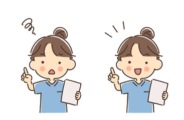 資料を持って指を立てているスクラブ姿の女性セット（困り顔・笑顔）