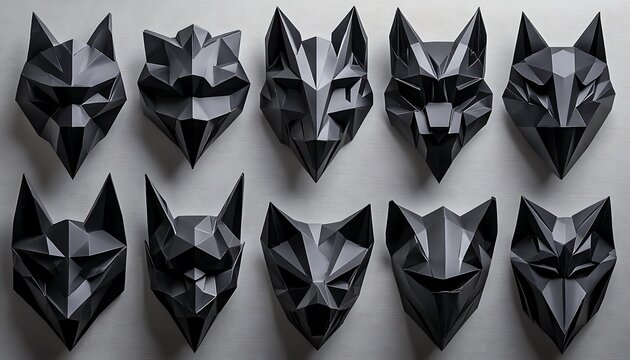 Polygonal Black Wolf Head Sculpture Array, Angular Geometric Feline Masks on White