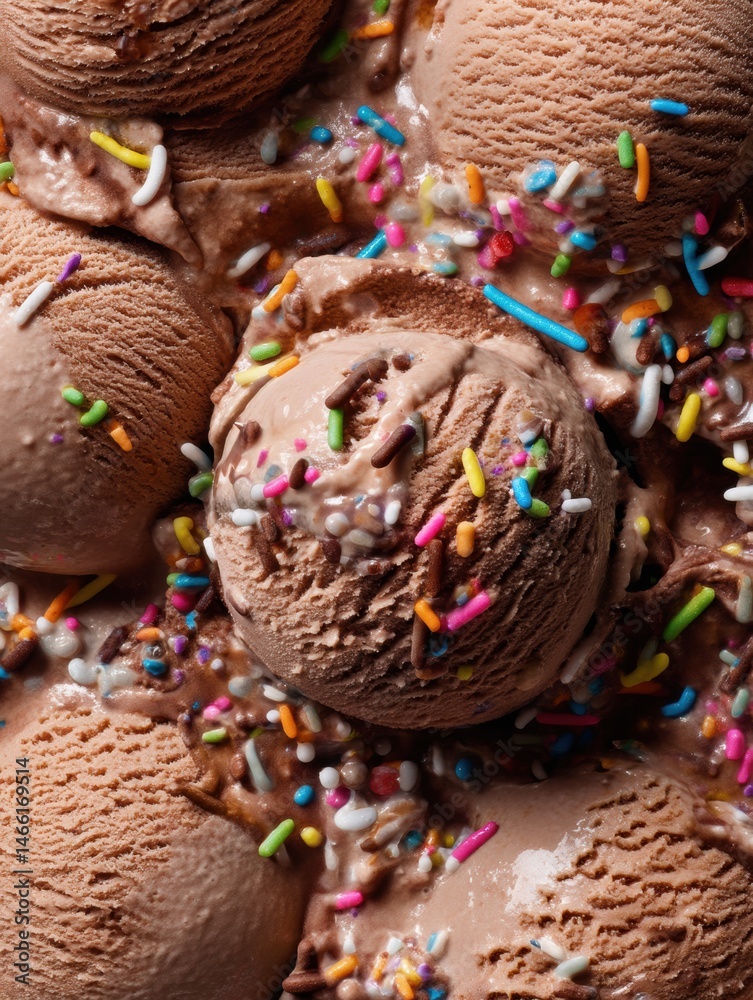 Poster melting chocolate ice cream with colorful sprinkles in a delectable dessert setting during summer en