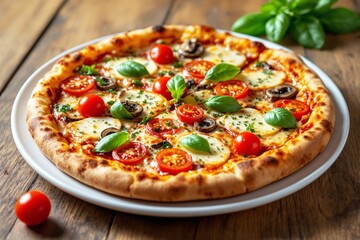 Freshly baked pizza with cherry tomatoes, mozzarella, mushrooms, and basil on a wooden table.