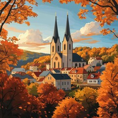 Naklejka premium Autumn festival celebration picturesque village landscape photography serene environment panoramic view vibrant colors