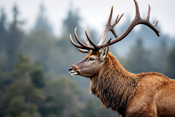 Majestic elk with large antlers standing against a blurred forest background.