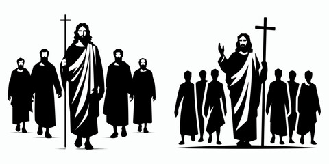 The Jesus Walking with Disciples. Christian Art Nativity Crucifix Divine Salvation. figure journeying alongside followers imparting gospel teaching.