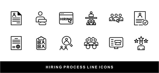 Hiring Process Line Icons. Recruitment, Job Application, Interview, Candidate Selection Vector Set