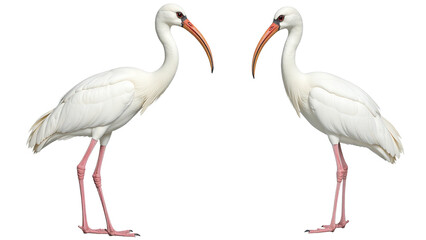 Obraz premium Two white ibises standing facing each other on white background for marketing campaigns, corporate branding, and wildlife conservation presentations with copy space for text