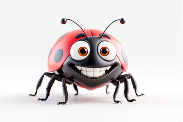 Smiling cartoon ladybug with big eyes on a light background.