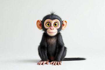 Fototapeta premium Cute baby monkey with big expressive eyes sitting on a light background.