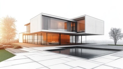 Modern house design with pool and landscaping