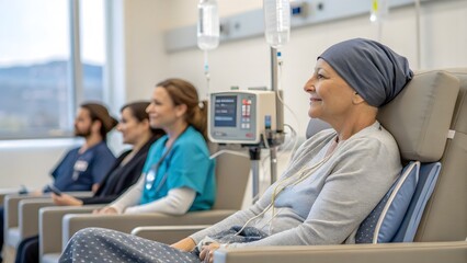 A poignant photograph of a cancer patient receiving chemotherapy treatment in a hospital environment, highlighting the journey of cancer care. Ideal for topics on oncology, patient support.