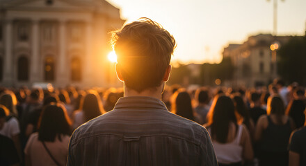 Urban Crowd Gathering at Sunset Backlit by Golden Light in City Square Architecture and Sky Visible Creating Warm Atmosphere
