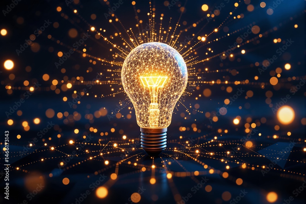 Poster glowing digital light bulb with network connections on dark background.