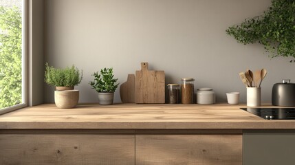 Modern kitchen countertop with plants and utensils
