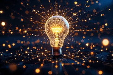 Glowing digital light bulb with network connections on dark background.
