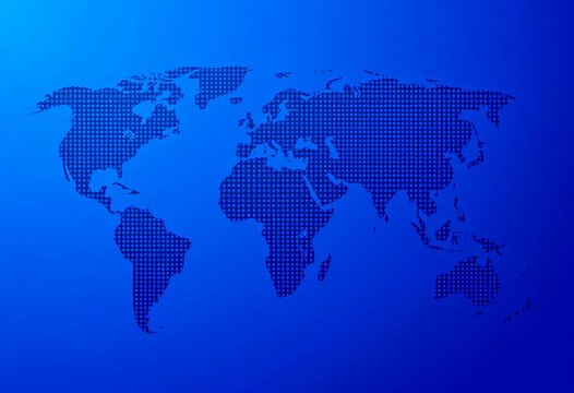 Blue gradient world map, black halftone dots, vector illustration, flat design, travel, vector
