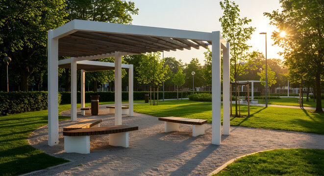 White Framed Shelter with Wooden Bench in Green Park Under Golden Sunlight and Tranquil Scene
