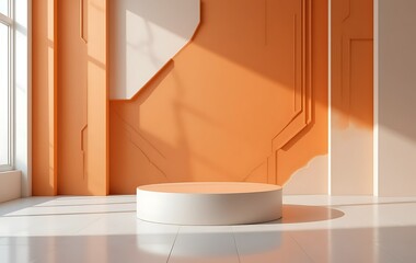 Minimalist orange podium in a modern room, 3D rendering