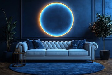 Obraz premium Luxurious living room with a modern touch featuring a blue neon circle and sofa.