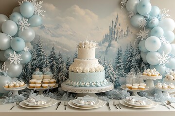 Festive winter wonderland themed party decoration with elegant cake and cupcakes display