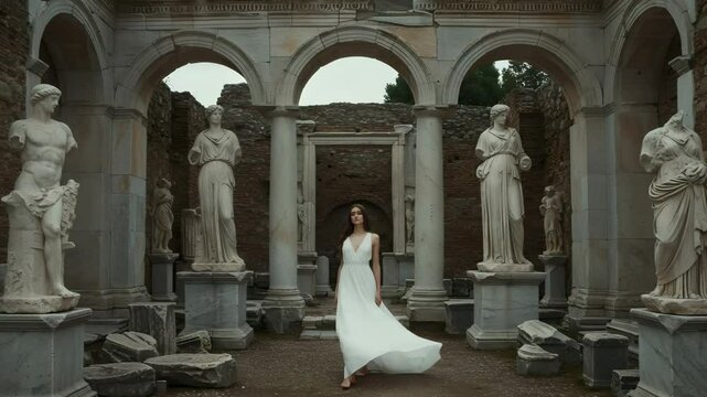 A woman in a flowing white dress wanders among marble statues in a ruined classical courtyard
