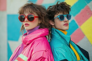 A stylish young couple poses against a vibrant 80s-inspired backdrop, showcasing their trendy outfits and sunglasses.