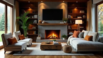 Cozy living room, fireplace & comfy furniture, couch, hygge