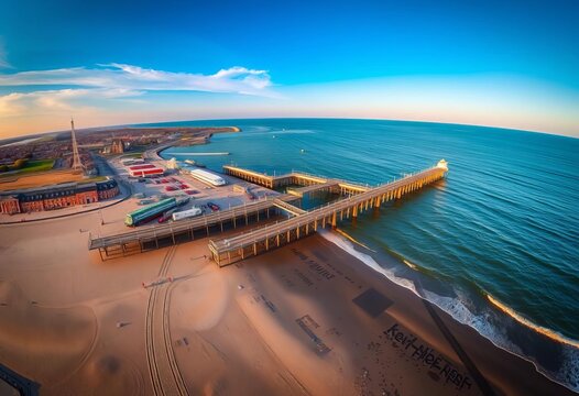 Breathtaking aerial panorama of Scheveningen pier and North Sea, Netherlands,  panoramic view,  blue