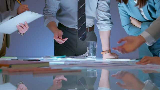 Professional business people pointing and choosing idea of marketing data analysis or financial stock market profit statistic graph, bar at meeting room. In-depth Analysis and Collaborative Discussion