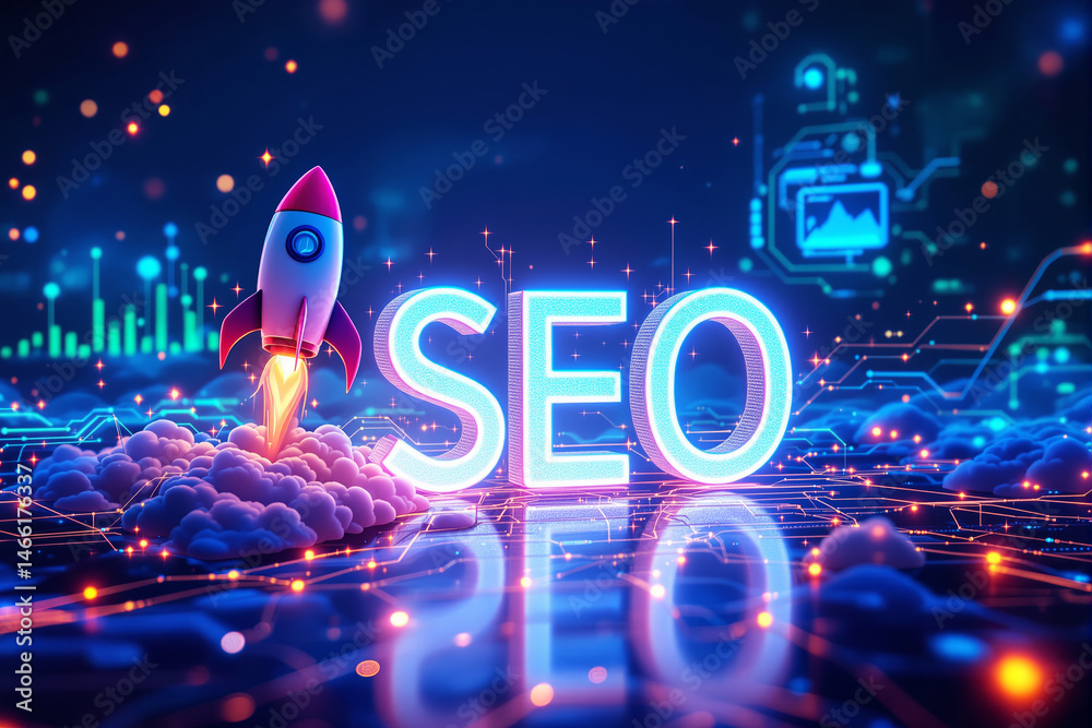 Aufkleber seo growth concept with glowing text and rocket launch.