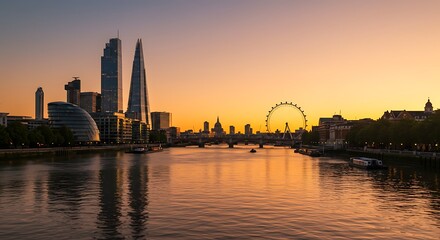 Obraz premium Alpha Geography London Skyline at Sunset A stunning panoramic view of London's iconic skyline at sunset, showcasing modern architecture and the historic Thames River.