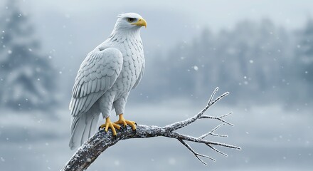 Fototapeta premium White Eagle Perched on Branch, Winter Snowfall