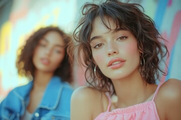 Obraz premium Close-up portrait of two young women, one in focus, with soft lighting and a pastel background.