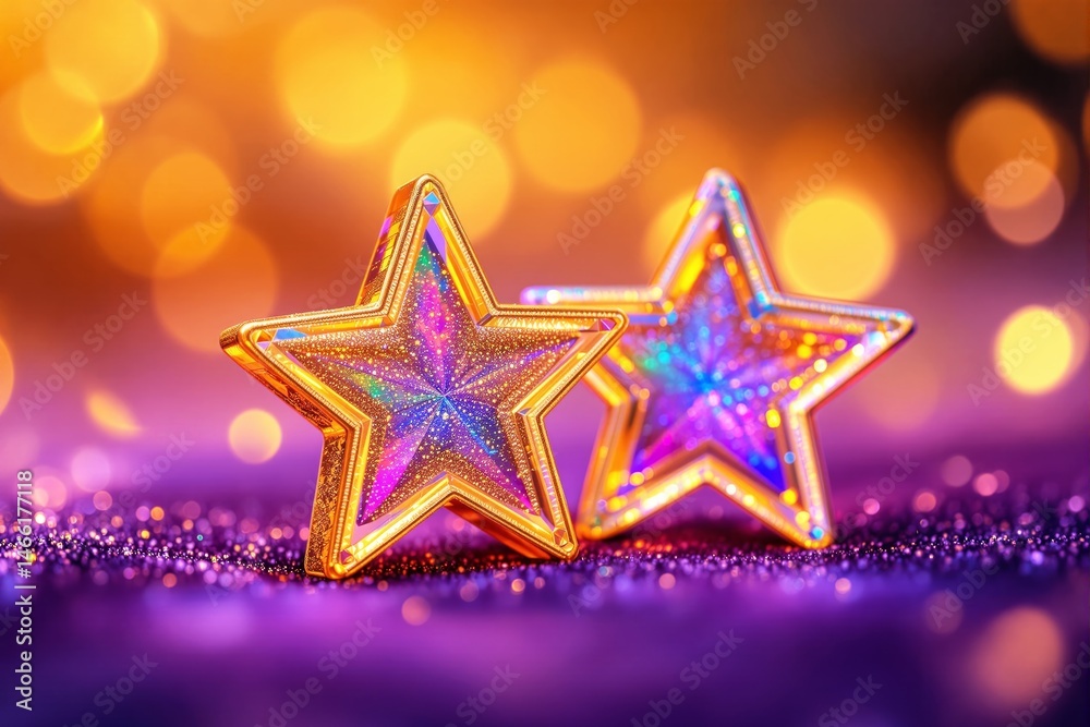 Poster Glittering golden star decorations with colorful reflections on a sparkling surface. Blurred warm bokeh lights in the background.