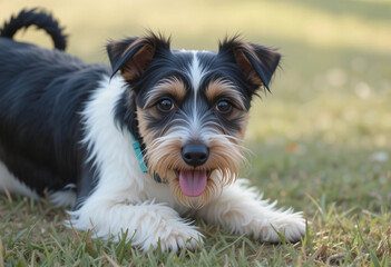 A small dog with a blue collar is laying on the grass