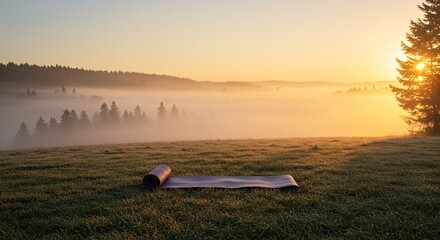 Sunrise Yoga Retreat Serene Mountain Meadow, Misty Morning, Fitness, Wellness, and Tranquility