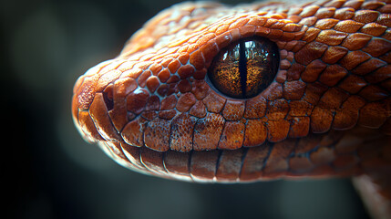 Fototapeta premium Intriguing Gaze: A close-up of a snake's eye, revealing mesmerizing detail and an enigmatic presence. The intricate scales and the captivating gaze evoke a sense of mystery and wonder.