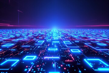 Futuristic glowing digital landscape with neon blue and pink circuit elements on a dark background. Concept of technology and cyberspace.