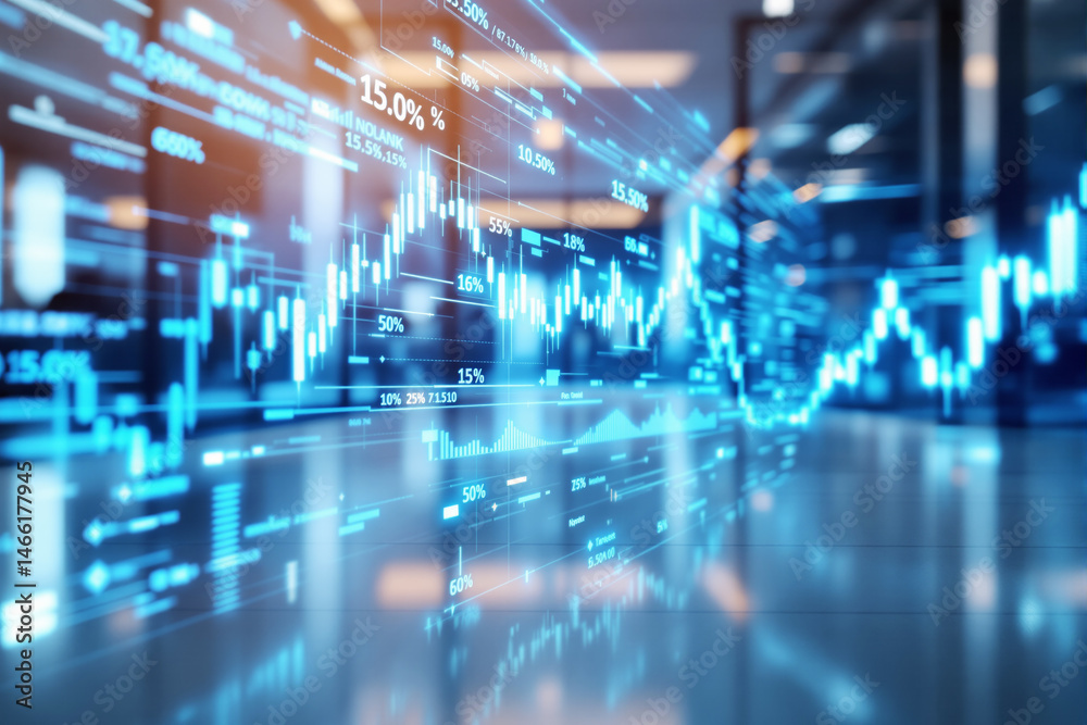 Poster financial stock market chart with glowing data on a digital screen in a modern office background.