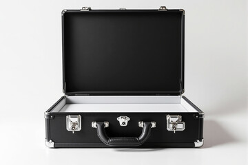 Open black briefcase with silver locks on a white background.