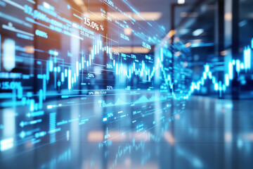 Financial stock market chart with glowing data on a digital screen in a modern office background.