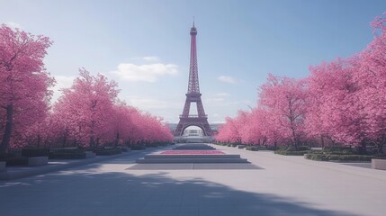 Eiffel Tower embraced by cherry blossoms offering a soft dreamlike Parisian spring season capturing an iconic moment of Parisian allure