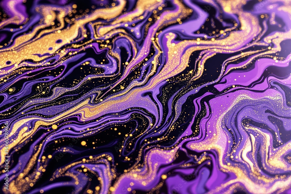 Poster abstract purple and gold fluid art background with swirling patterns.