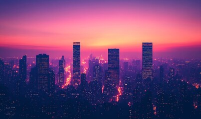 Fototapeta premium cityscape at dusk with skyscrapers silhouetted against a gradient sky, featuring glowing lights and a serene urban ambiance, Generative AI