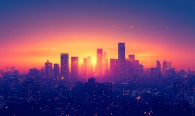 Fototapeta premium cityscape at dusk with skyscrapers silhouetted against a gradient sky, featuring glowing lights and a serene urban ambiance, Generative AI