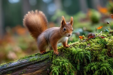 Squirrel Gathers Acorns on a Mossy Log in a Vibrant Forest During Autumn, Showcasing Natures Beauty and Wildlife Activity Generative AI