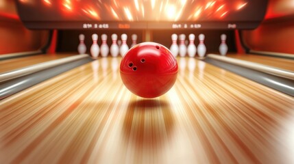 Red bowling ball on lane, ready to strike