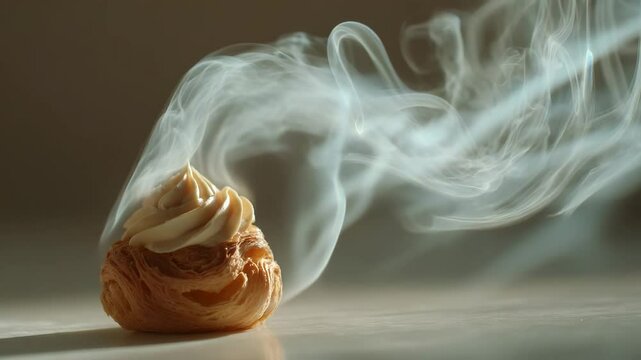 Cream puff pastry with vanilla cream, emitting steam against a neutral background. Close up shot with dramatic lighting.