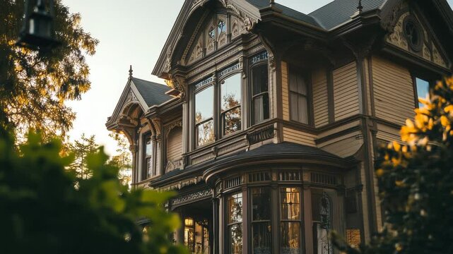 A large house with a porch and a lot of windows. The house is surrounded by trees and bushes