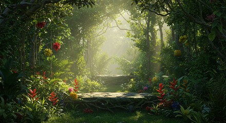 Enchanted Jungle Path Sunlit Tropical Forest with Lush Greenery and Vibrant Flowers