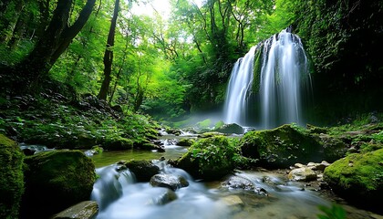 Obraz premium Serene Waterfall in Lush Green Forest with Mossy Rocks and Flowing River